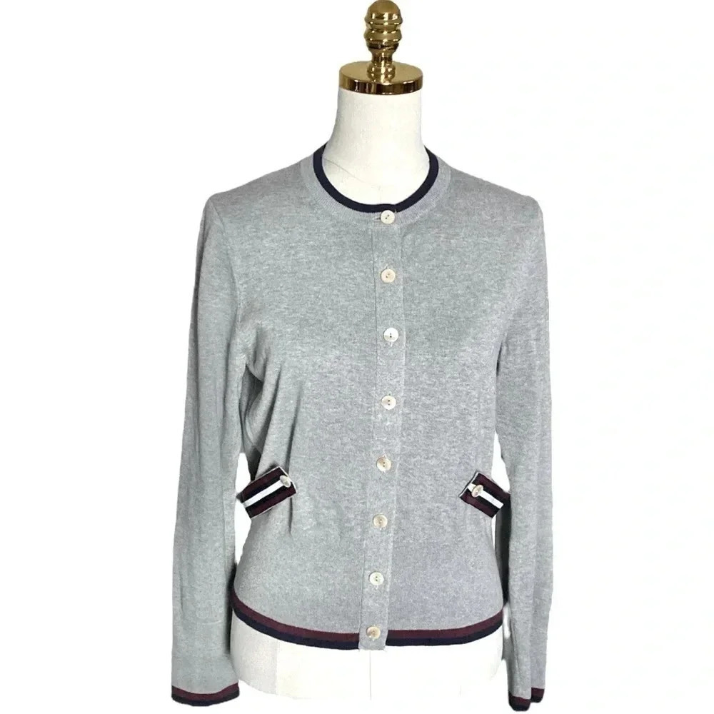 BROOKS BROTHERS Women’s Grey Cotton Tricolor Rib Trim Cardigan Sweater Size L